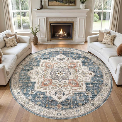 8x8 Round Area Rugs Washable Vintage - Soft Traditional Rugs for Living Room Large Non Slip Backing with Low Pile Farmhouse Oriental Retro Carpet for Bedroom Dining Room or Home Office - Blue
