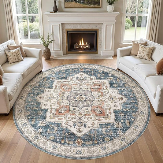8x8 Round Area Rugs Washable Vintage - Soft Traditional Rugs for Living Room Large Non Slip Backing with Low Pile Farmhouse Oriental Retro Carpet for Bedroom Dining Room or Home Office - Blue