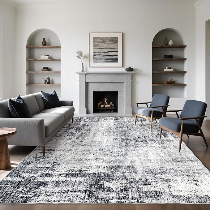 Washable 10x14 Area Rug: Modern Large Rugs for Living Room Dining Room Bedroom Office Indoor - Non-Slip Carpet Home Decor - 10x14 Black Grey