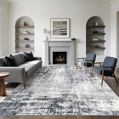 Washable 10x14 Area Rug: Modern Large Rugs for Living Room Dining Room Bedroom Office Indoor - Non-Slip Carpet Home Decor - 10x14 Black Grey