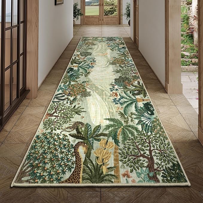 GarveeHome 2.5x8 Jungle Hallway Runner Rug, Soft Green Animal Long Kitchen Runner Non Slip Entryway Rug Farmhouse Thin Laundry Mat Stain Resistant Carpet for Bathroom Beside