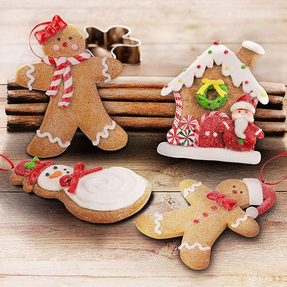 Gingerbread Christmas Ornaments - Man Boy Girl Gingerbread House Snowman Cookie Rustic Christmas Decorations Set of 4 - Claydough Christmas Tree Decorations - Christmas Tree Ornaments with Gift Box
