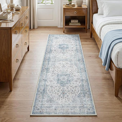 FMFUNCTEX 2x6 Hallway Runner Rug Blue Vintage Washable Distressed Oriental Non Slip Low Pile Neutral Indoor Carpet Retro Antique Thin Entryway Rug for Kitchen Bedroom Bedside Laundry Entry Bathroom