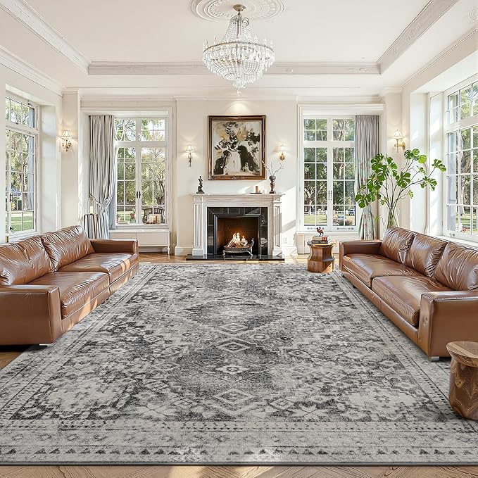 YOH Boho Washable Rug 8x10, Taupe Gray Vintage Non Slip Area Rug, Distressed Indoor Carpet for Living Room Bedroom Kitchen Office