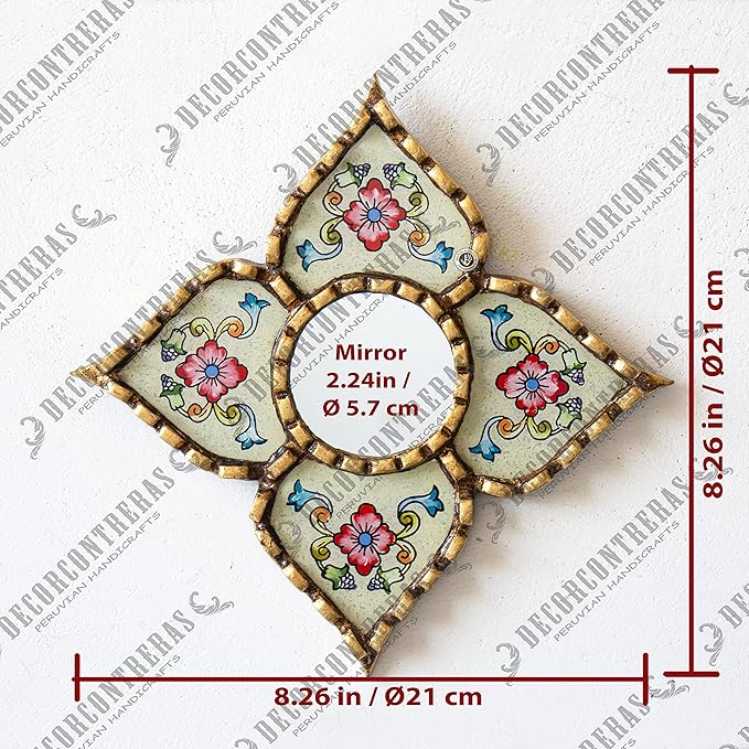 Small Peruvian Mirror, Handmade Artisan Mirror Wall Decor, Reverse Painted Glass Diamond Shape Mirrors 8.26" (Beige)
