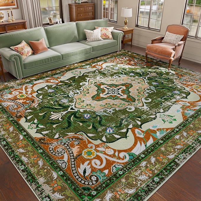 RUSHUFFY 6x9 Washable Area Rugs for Living Room, Non-Slip Boho Vintage Traditional Medallion Print Pattern Carpet for Bedroom Dining Room Farmhouse Nursery Room, Dark Green