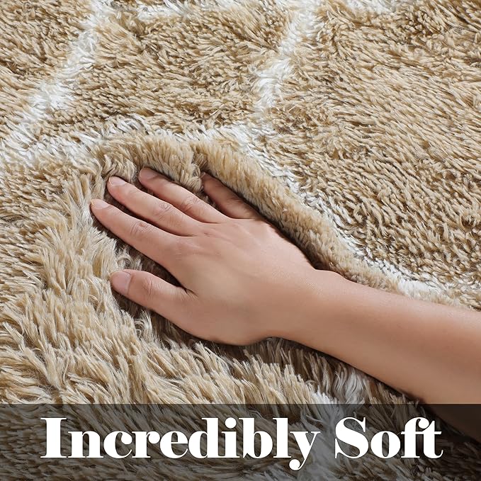ONASAR Area Rugs for Bedroom Living Room, 4x6 Fluffy Beige and White Throw Rug, Geometric Soft Shaggy Fuzzy Plush Indoor Floor Carpet for Kids Teen Nursery Dorm Office Home Decor Aesthetic
