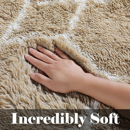 ONASAR Area Rugs for Bedroom Living Room, 4x6 Fluffy Beige and White Throw Rug, Geometric Soft Shaggy Fuzzy Plush Indoor Floor Carpet for Kids Teen Nursery Dorm Office Home Decor Aesthetic