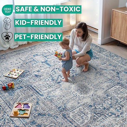 Bloom Rugs Washable Non-Slip 3' x 5' Rug - Blue/Gray Traditional Area Rug for Living Room, Bedroom, Dining Room, and Kitchen - Exact Size: 3' x 5'