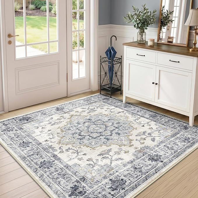 CAPALOCA Machine Washable Rugs Nursery Rug Sq5ft Cute Girl Non Slip Low Pile Water Repellent Soft Print Pattern for Bedroom Indoor Decor Kids Playroom Blue White