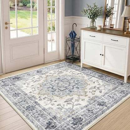 CAPALOCA Machine Washable Rugs Nursery Rug Sq4ft Cute Girl Non Slip Low Pile Water Repellent Soft Print Pattern for Bedroom Indoor Decor Kids Playroom Blue White