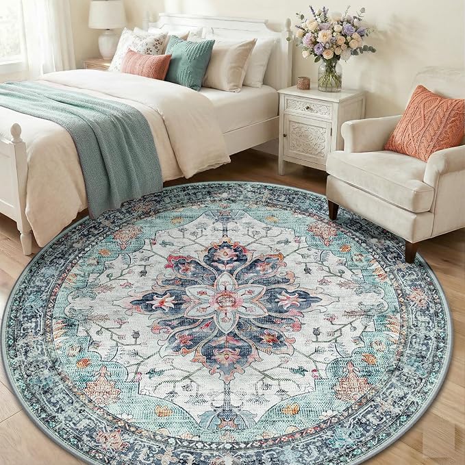RELEANY Area Rugs Round 6ft Washable Non-Slip, Floral Vintage Distress Print Pattern Medallion Carpet for Living Room Bedroom Dining Room, Green Navy Blue White Red Teal Colorful