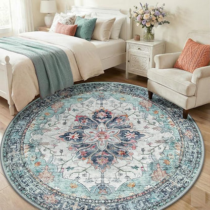 RELEANY Area Rugs Round 6ft Washable Non-Slip, Floral Vintage Distress Print Pattern Medallion Carpet for Living Room Bedroom Dining Room, Green Navy Blue White Red Teal Colorful