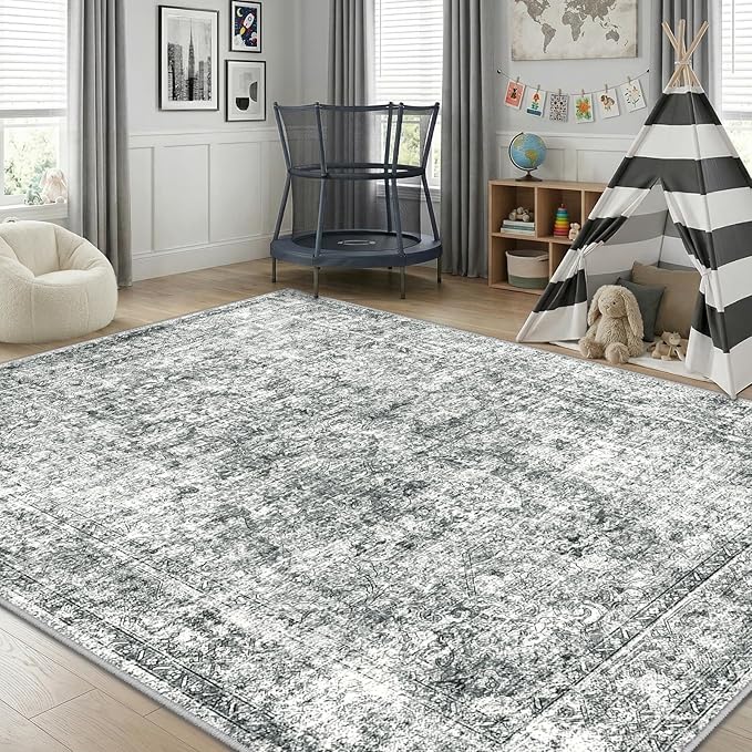 CAPALOCA Machine Washable Rugs Nursery Rug 7x9 Cute Girl Non Slip Low Pile Water Repellent Soft Print Pattern for Bedroom Indoor Decor Kids Playroom Grey
