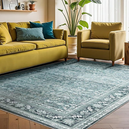 OPPODREAM Vintage Teal Area Rugs 8x10, 8 x 10 Retro Washable Rug Non Slip, Low-Pile Faux Wool Carpet, Distressed Floor Mat for Living Room, Bedroom, Office, Dorm, Dinning Room, Big & Large