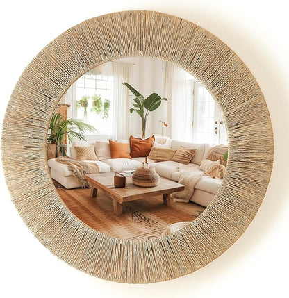 Chi An Home 24 Inch Natural Jute Mirror, Wall Mounted Round Mirror with Metal Frame, Wall Decor Rustic Farmhouse Boho Decor Accent for Bathroom, Bedroom, Living Room, or Entryway