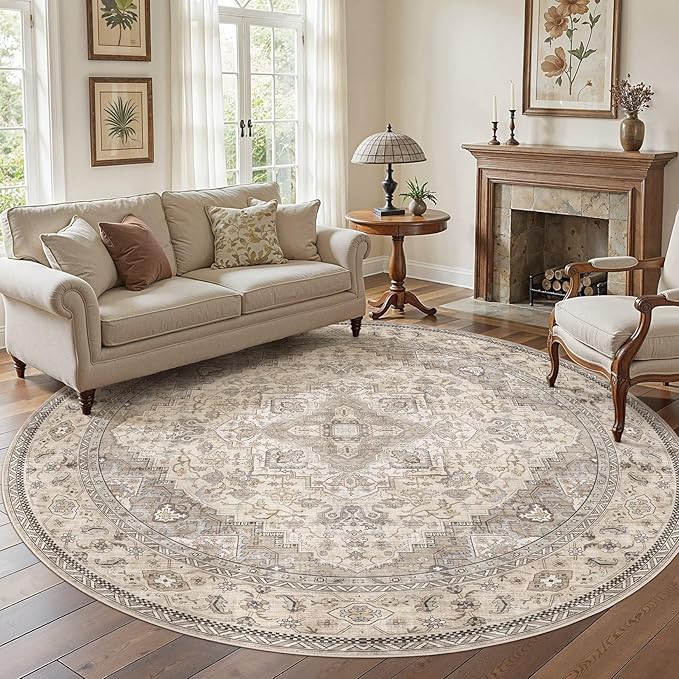 EIEIHOUSE 8ft Round Rugs for Living Room - Washable Neutral Vintage Distressed Farmhouse Large Soft Floor Area Rug Indoor Carpet for Bedroom Dining Room Office - Brown/Multi