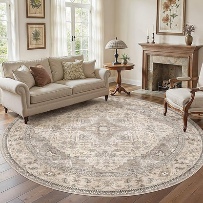 EIEIHOUSE 8ft Round Rugs for Living Room - Washable Neutral Vintage Distressed Farmhouse Large Soft Floor Area Rug Indoor Carpet for Bedroom Dining Room Office - Brown/Multi