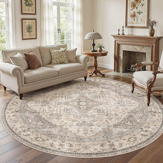 EIEIHOUSE 8ft Round Rugs for Living Room - Washable Neutral Vintage Distressed Farmhouse Large Soft Floor Area Rug Indoor Carpet for Bedroom Dining Room Office - Brown/Multi