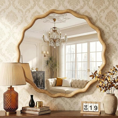 TRAHOME Round Wood Mirrors for Wall, 28" Boho Circle Wavy Mirror with Wooden Frame, Decorative Mirror with Tempered Glass, Natural Wooden Frame Vanity Mirror for Bedroom, Living Room, Entryway