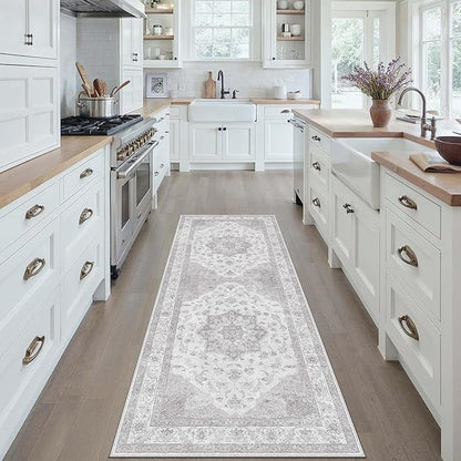 PureCozy Grey Gray Runner Rug 2x6 Washable Vintage Long Carpet for Hallway Kitchen Soft Retro Low Pile Thin Indoor Runner Non Slip Oriental Medallion Throw Rug for Bathroom Bedroom Laundry Dining Room