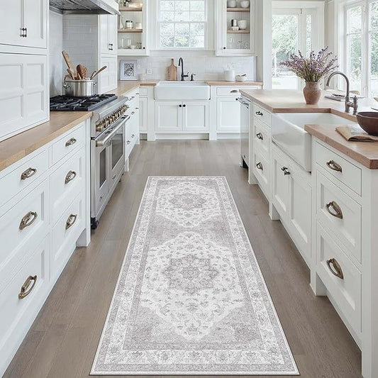 PureCozy Grey Gray Runner Rug 2x6 Washable Vintage Long Carpet for Hallway Kitchen Soft Retro Low Pile Thin Indoor Runner Non Slip Oriental Medallion Throw Rug for Bathroom Bedroom Laundry Dining Room