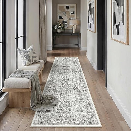 PureCozy Black Runner Rug 2'6"x8' Washable Carpet for Hallway Kitchen Vintage Distressed Non Slip Indoor Retro Floral Bedroom Accent Throw Long Rug Bathroom Office Laundry Dining Living Room