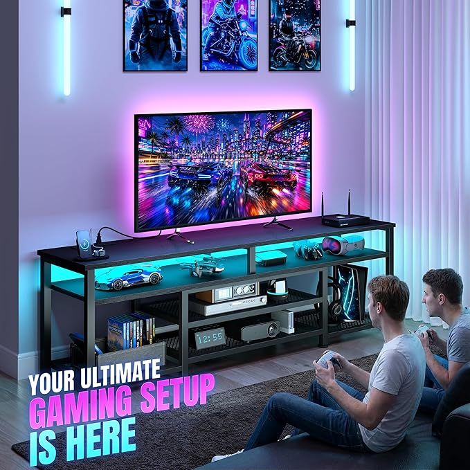 Korfile TV Stand for 65/75/80 inch TV, 71 in Entertainment Center with LED Lights and Power Outlets, TV Console Table with Open Shelves for Living Room and Bedroom, Black