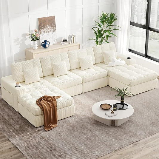 144" U Shaped Cloud Boneless Couch,Modern Modular Sectional Sofa with Layered Cushion,No Assembly Convertible Corduroy Couches for Living Room,Beige 1 PCS