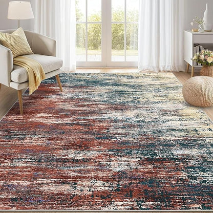 ROYHOME Washable Rug 9x12 Area Rug for Living Room, Non Slip Abstract Rug for Bedroom, Ultra Soft Area Rug, Low Pile Soft Contemporary Indoor Floor Carpet Cover, Red/Multi