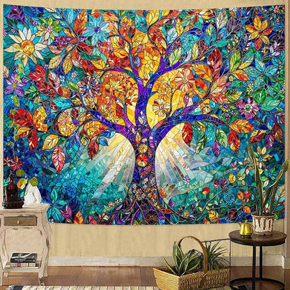 Lunerfex Tree of Life Tapestry Stained Glass Tapestry Wall Decor Tapestries for Bedroom Art Tapestries Wall Hanging for Bedroom Living Room Glass-Tree-02 44"x60"