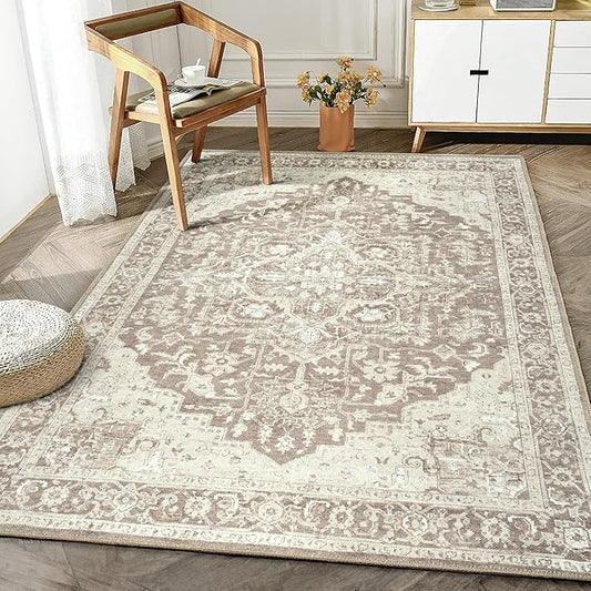 Bloom Rugs Washable Non-Slip 4' x 6' Rug - Light Brown Traditional Medallion Area Rug for Living Room, Bedroom, Dining Room, and Kitchen - Exact Size: 4' x 6'