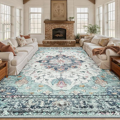 RELEANY Area Rugs 10'x12' Washable Non-Slip, Floral Vintage Distress Print Pattern Medallion Carpet for Living Room Bedroom Dining Room, Green Navy Blue White Red Teal Colorful
