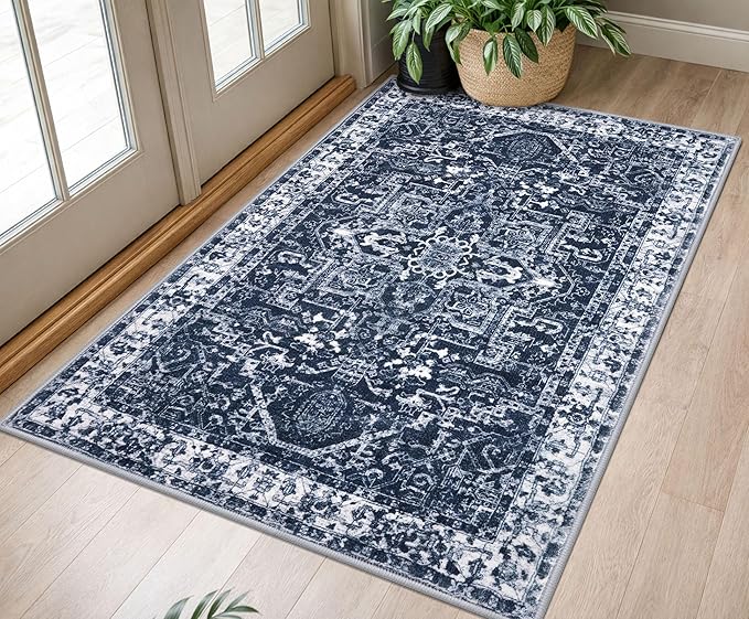 KOZYFLY Boho Area Rug 3x5 Ft Rugs for Entryway Washable Entry Rug Non Slip Door Mat Indoor Entrance Printed Faux Wool Throw Rugs for Entrance Kitchen Living Room, Navy/Grey