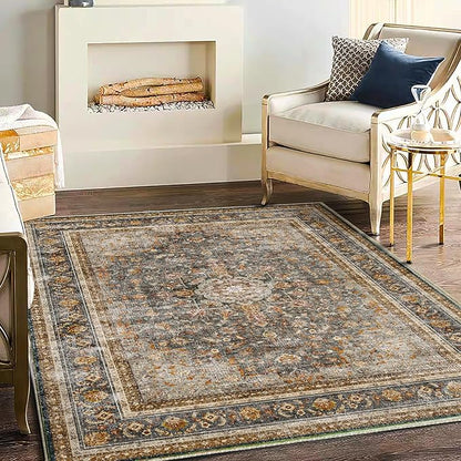 CHAMPLANT Washable Area Rug 4'x6' Traditional Floor Cover Foldable Thin Rugs Retro Kitchen Indoor Distressed Non Slip Carpet Floral Print Mat Bedroom Living Room