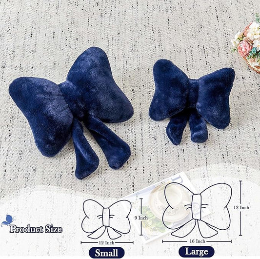 XVTRU Navy Bow Pillow, Soft Bow Decorative Pillows with Faux Rabbit Fur, Cute 12" Bow Throw Pillows, Aesthetic Home Decor Bow Shaped Plush Pillow for Bedroom Sofa Couch