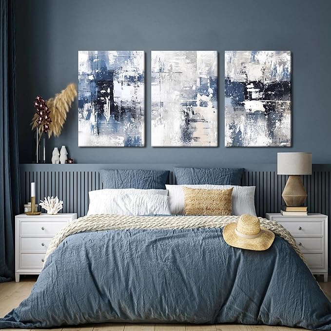 Abstract Blue and White Wall Art Set of 3, Modern Simple Navy Framed Canvas Prints Poster, Gray Painting Picture for Living Room, Bedroom, Office Wall Decor 12x16 Inch
