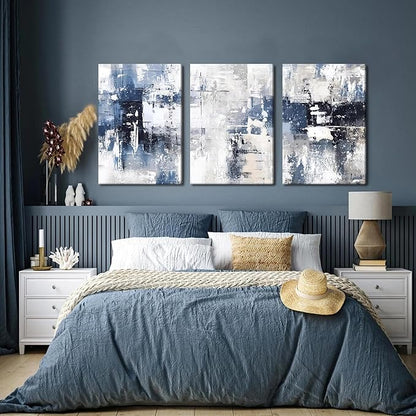 Abstract Blue and White Wall Art Set of 3, Modern Simple Navy Framed Canvas Prints Poster, Gray Painting Picture for Living Room, Bedroom, Office Wall Decor 12x16 Inch