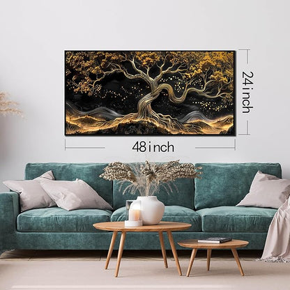 Gold Trees Pictures for Living Room - Modern Art Wall Decor for Office - Black Framed Wall Art Ready to Hang Size 24" x 48"