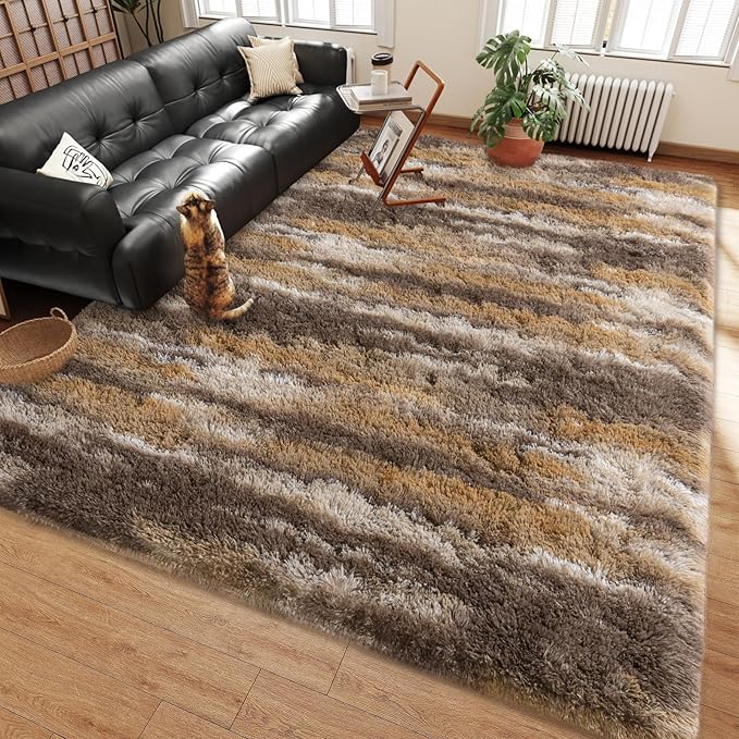 Shag Rugs for Living Room 6x9, Ultra Soft Abstract Brown Big Fuzzy Rugs for Bedroom, 6 x 9 Fluffy Shaggy Plush Carpet Girls Kids Room Dorm Upgrade Non-Slip