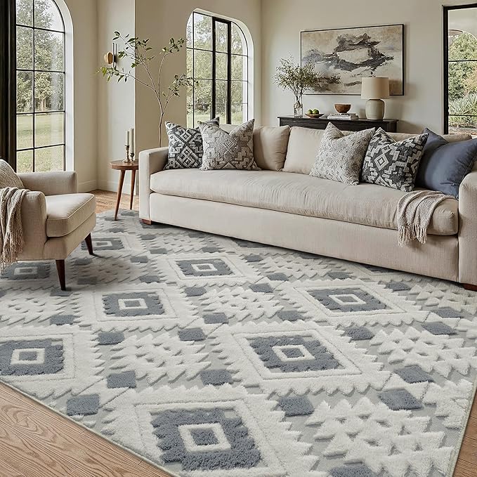 PureCozy Moroccan 4x6 Area Rug for Living Room Blue Grey Washable Checkered Shag Bedroom Carpet Non Slip Soft Neutral Boho Modern Throw Rug Entryway Office Kitchen Dining Room Nursery