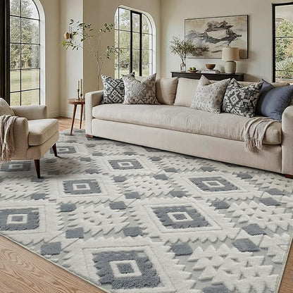 PureCozy Moroccan 5x7 Area Rug for Living Room Blue Grey Washable Checkered Shag Bedroom Carpet Non Slip Soft Neutral Boho Modern Throw Rug for Office Kitchen Dining Room Nursery