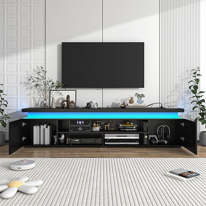 Hlivelood LED TV Stand for 95 Inch TV, Modern TV Stand with Power Outlet, TV Console Entertainment Center with Storage and LED Lights for Living Room, Bedroom (83 Inch, Black Carbon Fiber)
