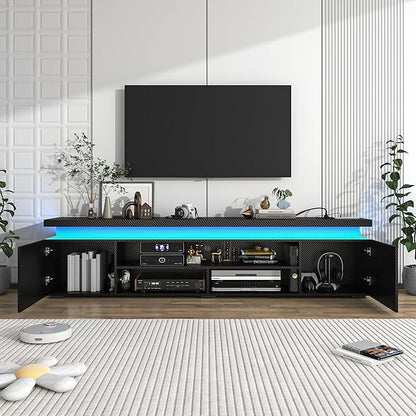 Hlivelood LED TV Stand for 95 Inch TV, Modern TV Stand with Power Outlet, TV Console Entertainment Center with Storage and LED Lights for Living Room, Bedroom (83 Inch, Black Carbon Fiber)