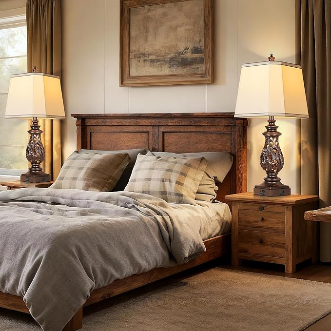 PARTPHONER 29" Table Lamps Set of 2, Bedside Lamps with USB A+C Ports & Night Light, Farmhouse Nightstand Lamps with Faux Silk Shades for Bedroom Living Room, Vintage Brown (LED Bulbs Included)
