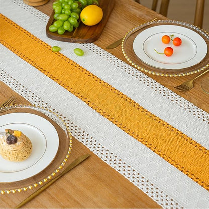 FEXIA Boho Table Runner for Summer Home Decor with Tassels 72 Inches Long Farmhouse Yellow Rustic Table Decoration Macrame Burlap Decor for Living Room Bridal Shower (12x72 Inches)