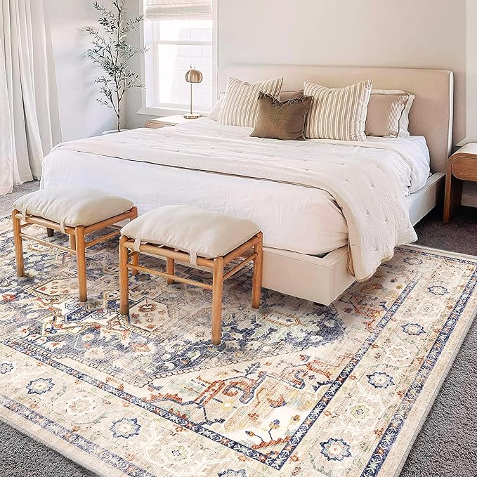 CHAMPLANT Washable Area Rug 9'x12' Blue Khaki Retro Flowers Boho Design Non-Shedding Easy Care Ideal for High Traffic Areas in Living Room Bedroom Office Coffee Table Kitchen Large Carpet