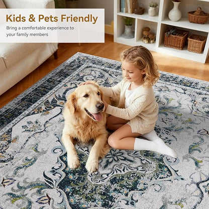 RUSHUFFY 2x3 Washable Small Rug Door Mat, Rugs for Entryway, Vintage Boho Distressed Print Pattern Non-Slip Carpet, Throw Rug for Indoor Entrance Kitchen Bedroom Bathroom Laundry Floor, Grey White