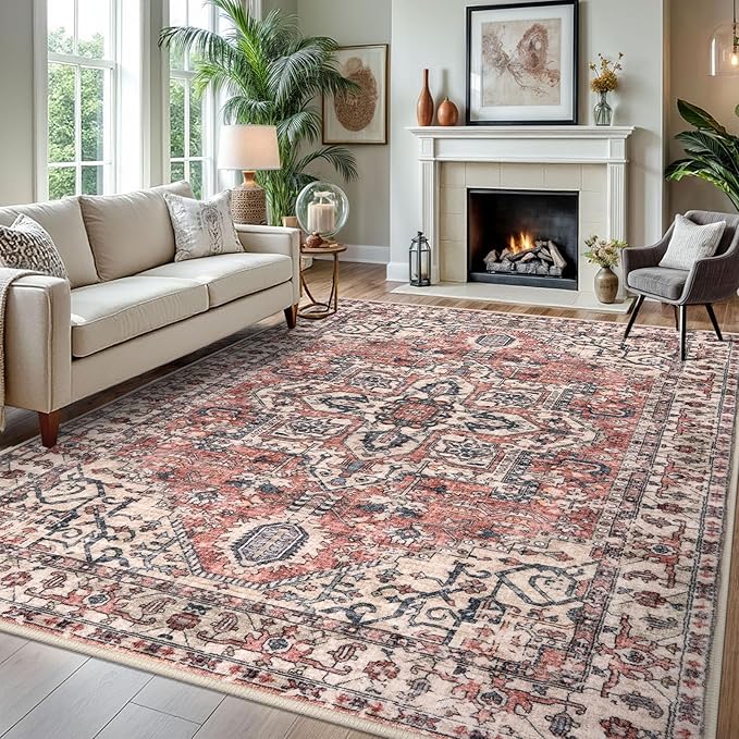 KOZYFLY Area Rug 8x10 Ft Thin Rugs for Living Room Washable Bedroom Rug Non Slip Rugs for Living Room Printed Faux Wool Vintage Bedroom Rug Floor Carpet for Dining Room, Red Salmon/Pink/Navy