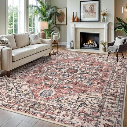 KOZYFLY Area Rug 8x10 Ft Thin Rugs for Living Room Washable Bedroom Rug Non Slip Rugs for Living Room Printed Faux Wool Vintage Bedroom Rug Floor Carpet for Dining Room, Red Salmon/Pink/Navy